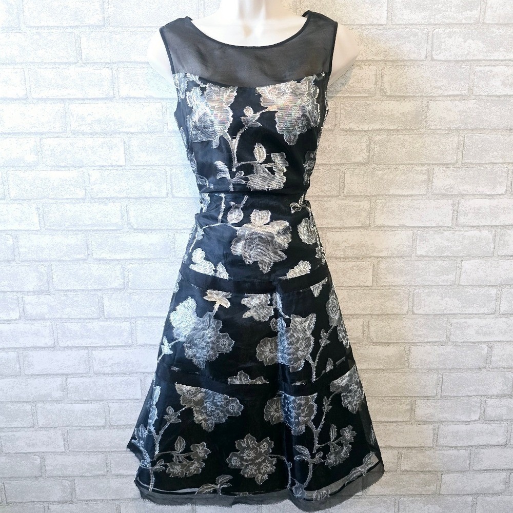 Kay Unger Womens Black Silver Metallic Floral Silk Mesh Cocktail Dress Size 4
